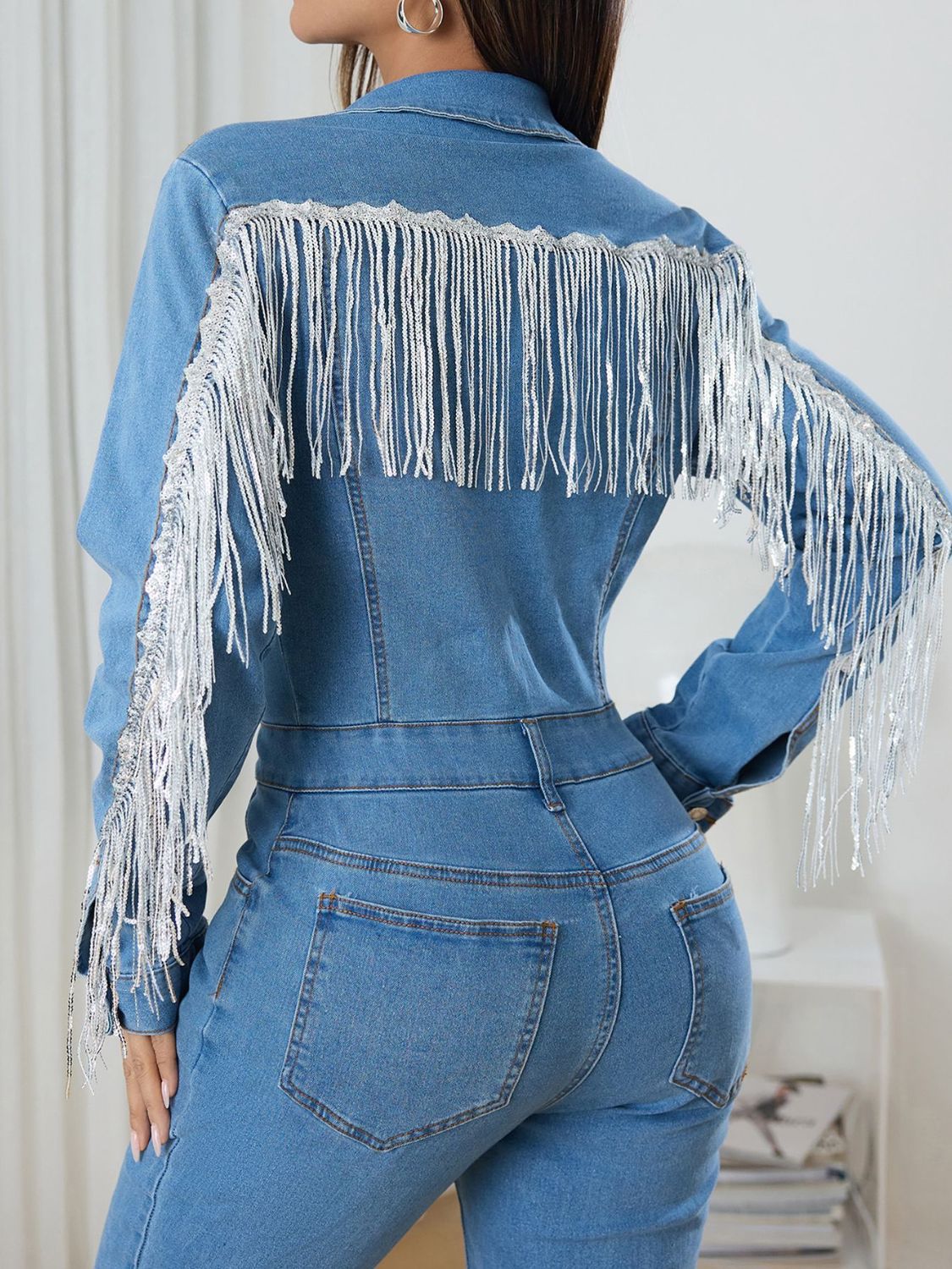 DS 2378-374363 Premium Denim Fringed Jumpsuit