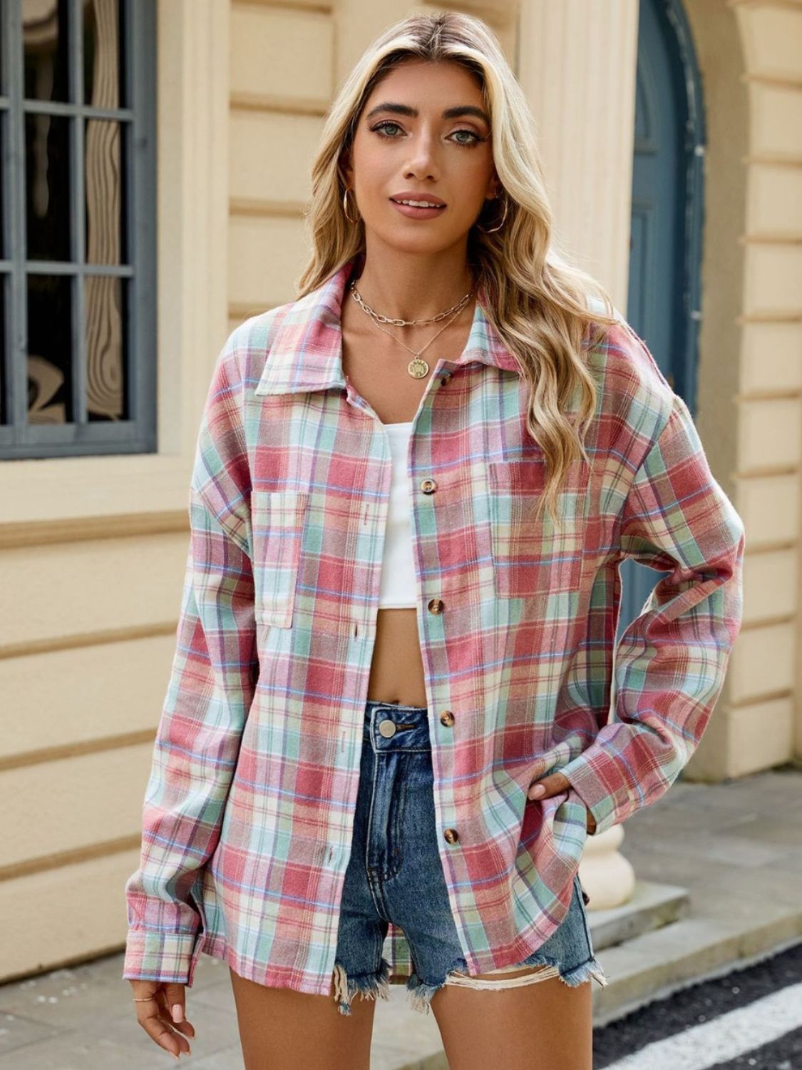 DS Designer 21-12 Plaid Collared Neck Long Sleeve Shirt
