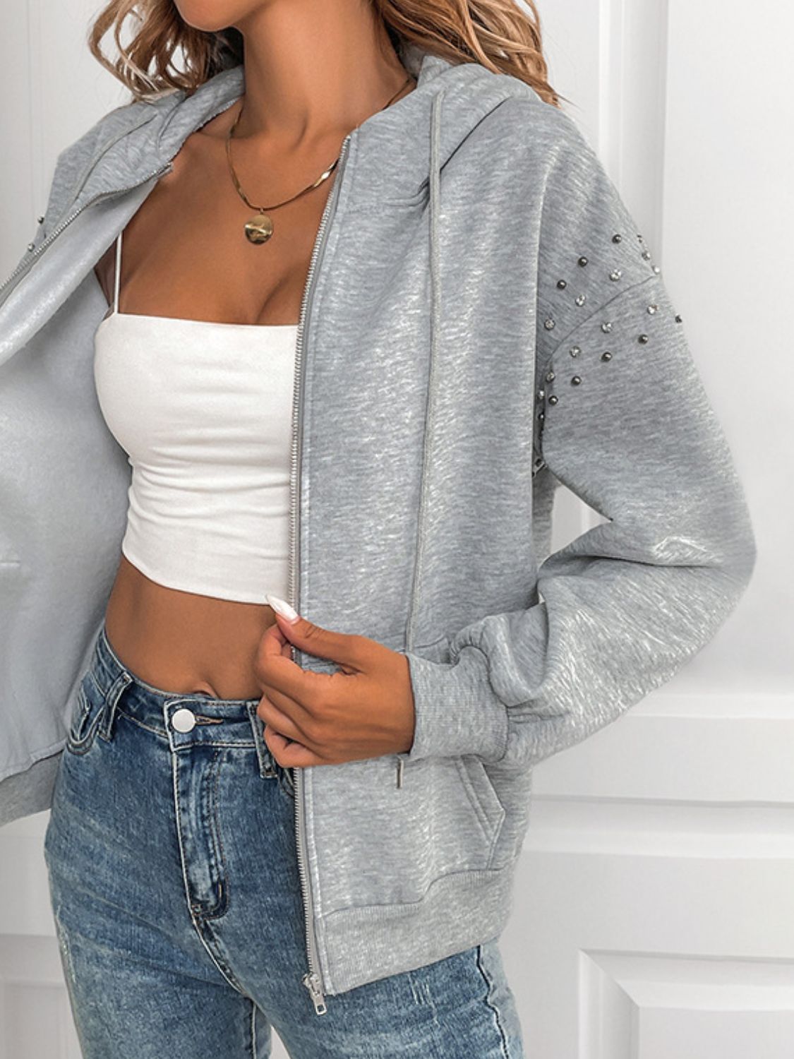 DA Simply Diva Rhinestone Zip Up Long Sleeve Hoodie