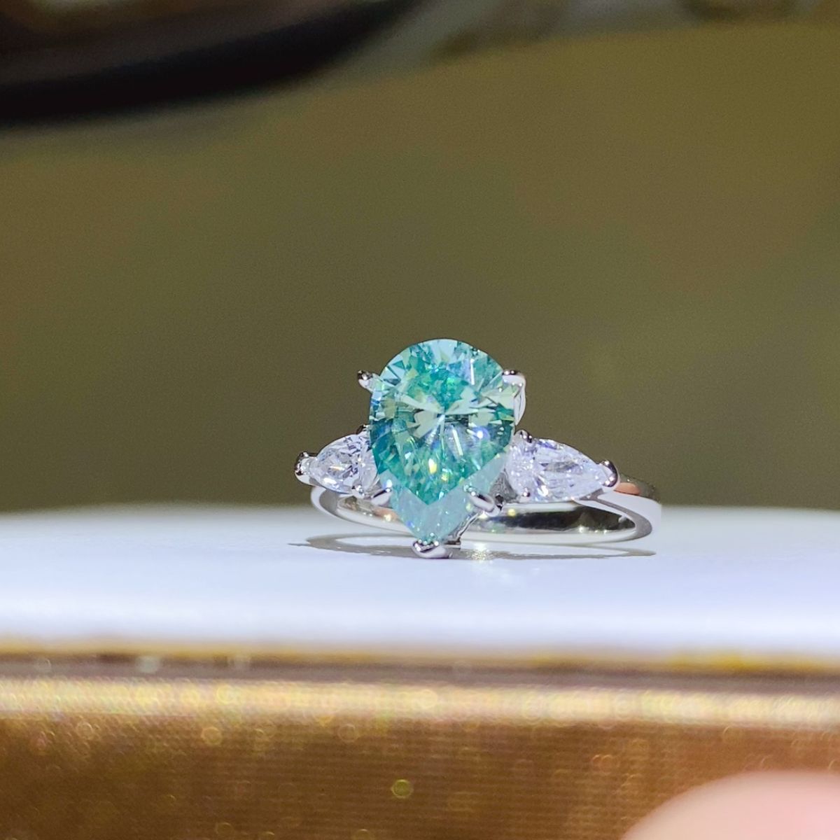 DCDI Water Lily -2 Carat Turquoise Teardrop Moissanite Ring