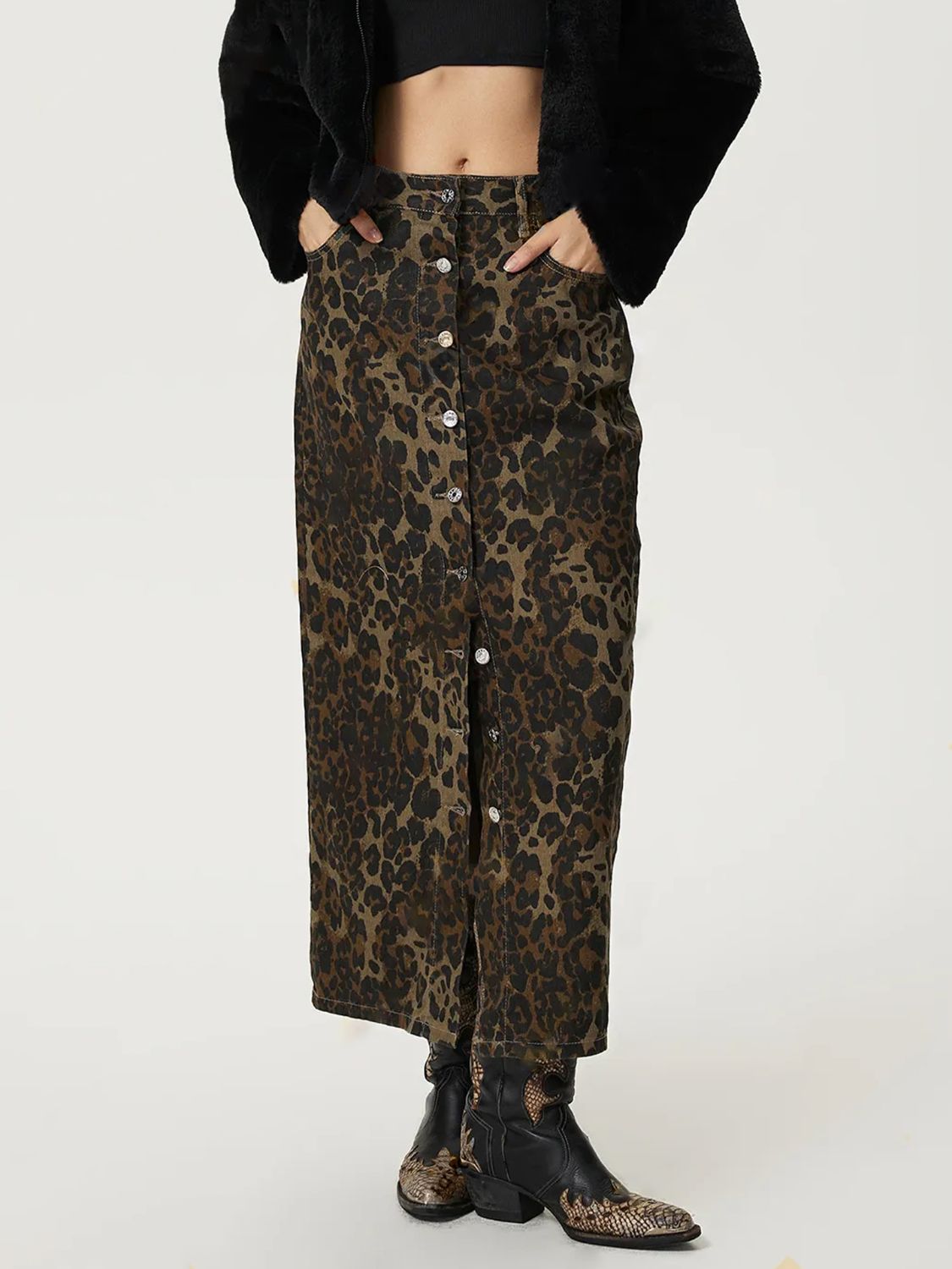 DS Premium Denim Luxury 79 Leopard Button Up Denim Skirt