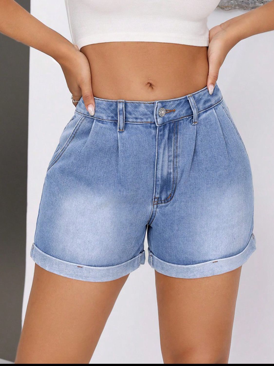 DS Designer 74273 Rolled Hem Mid-Rise Waist Denim Shorts