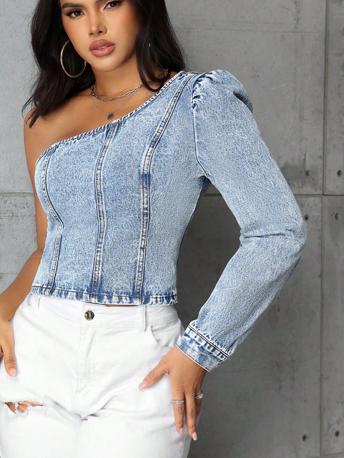 DS Designer 7926 Premium Denim Long Sleeve Cold Shoulder Top