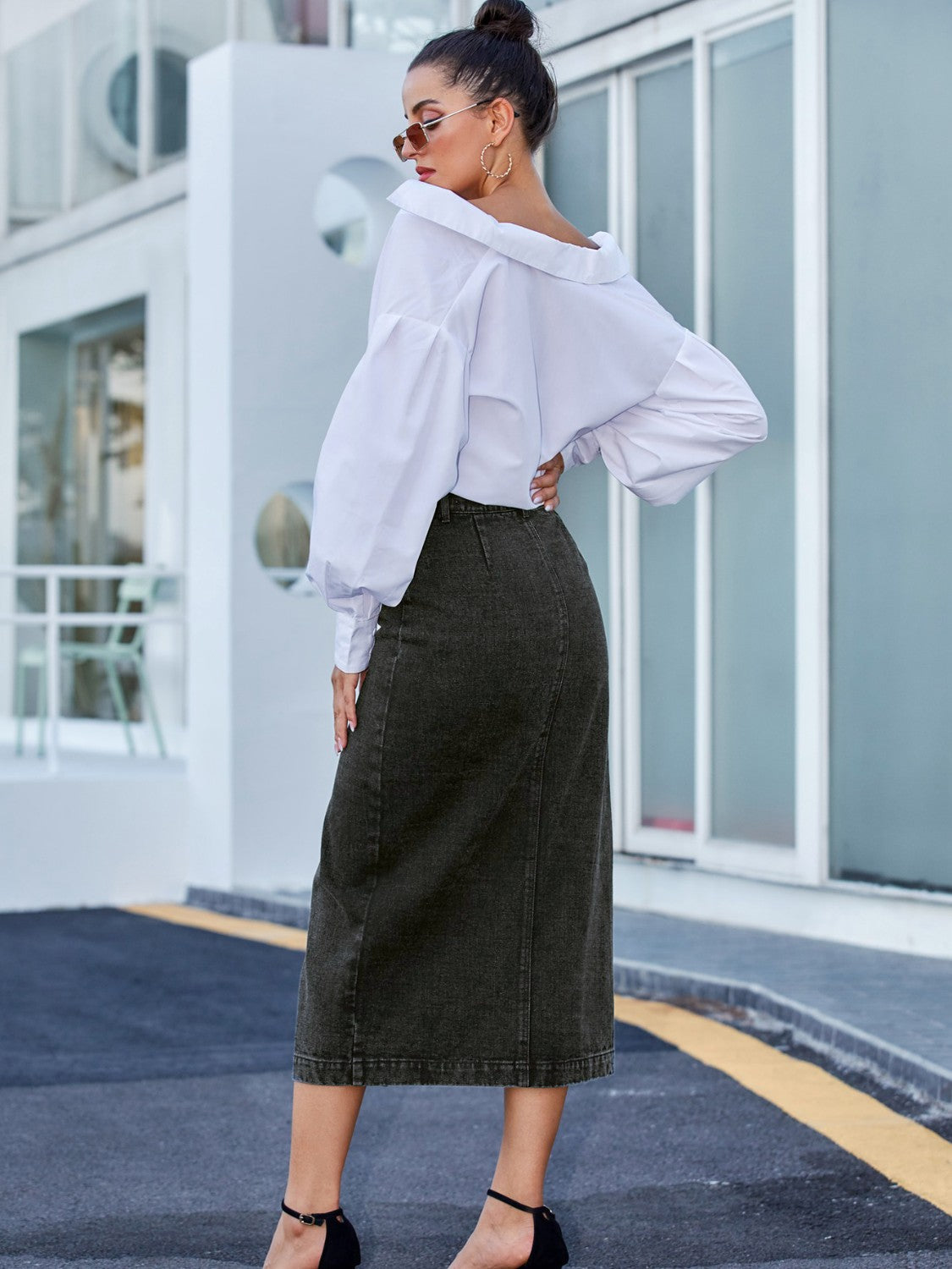 DS Designer 627-424 Button Down Premium Denim Skirt