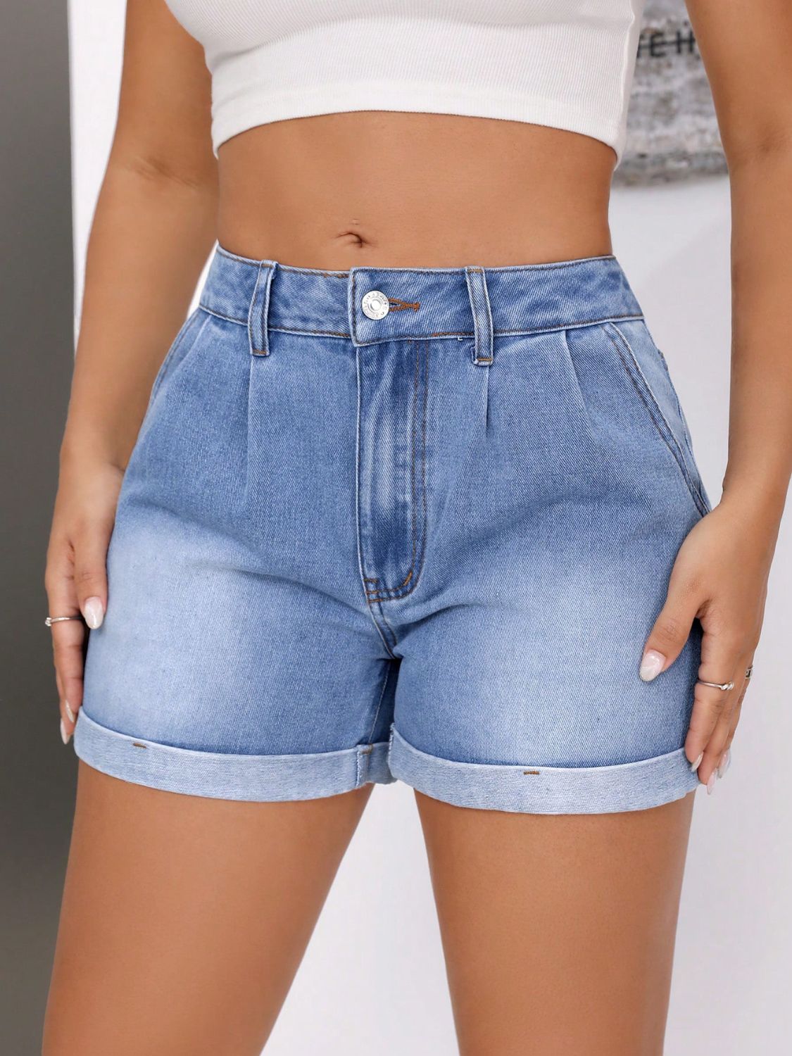 DS Designer 74273 Rolled Hem Mid-Rise Waist Denim Shorts