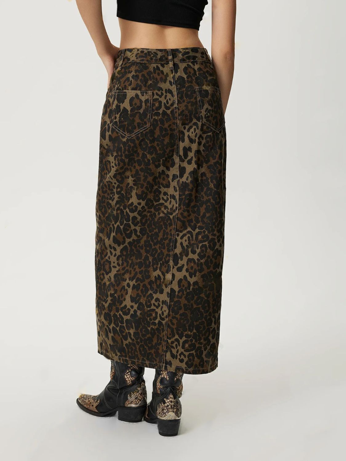 DS Premium Denim Luxury 79 Leopard Button Up Denim Skirt
