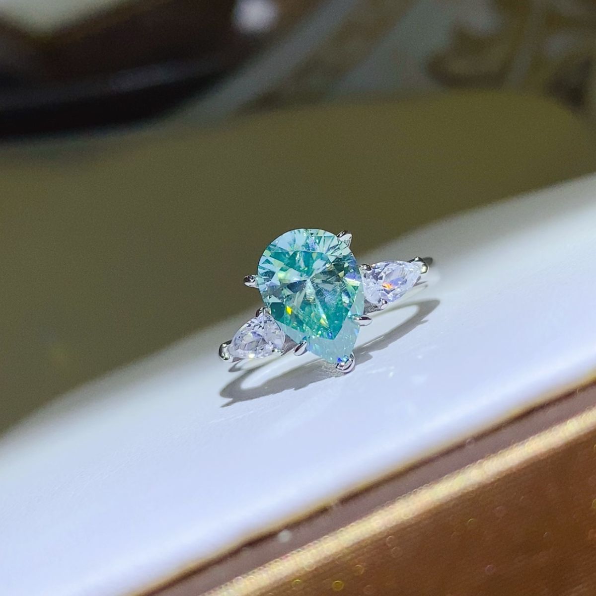 DCDI Water Lily -2 Carat Turquoise Teardrop Moissanite Ring