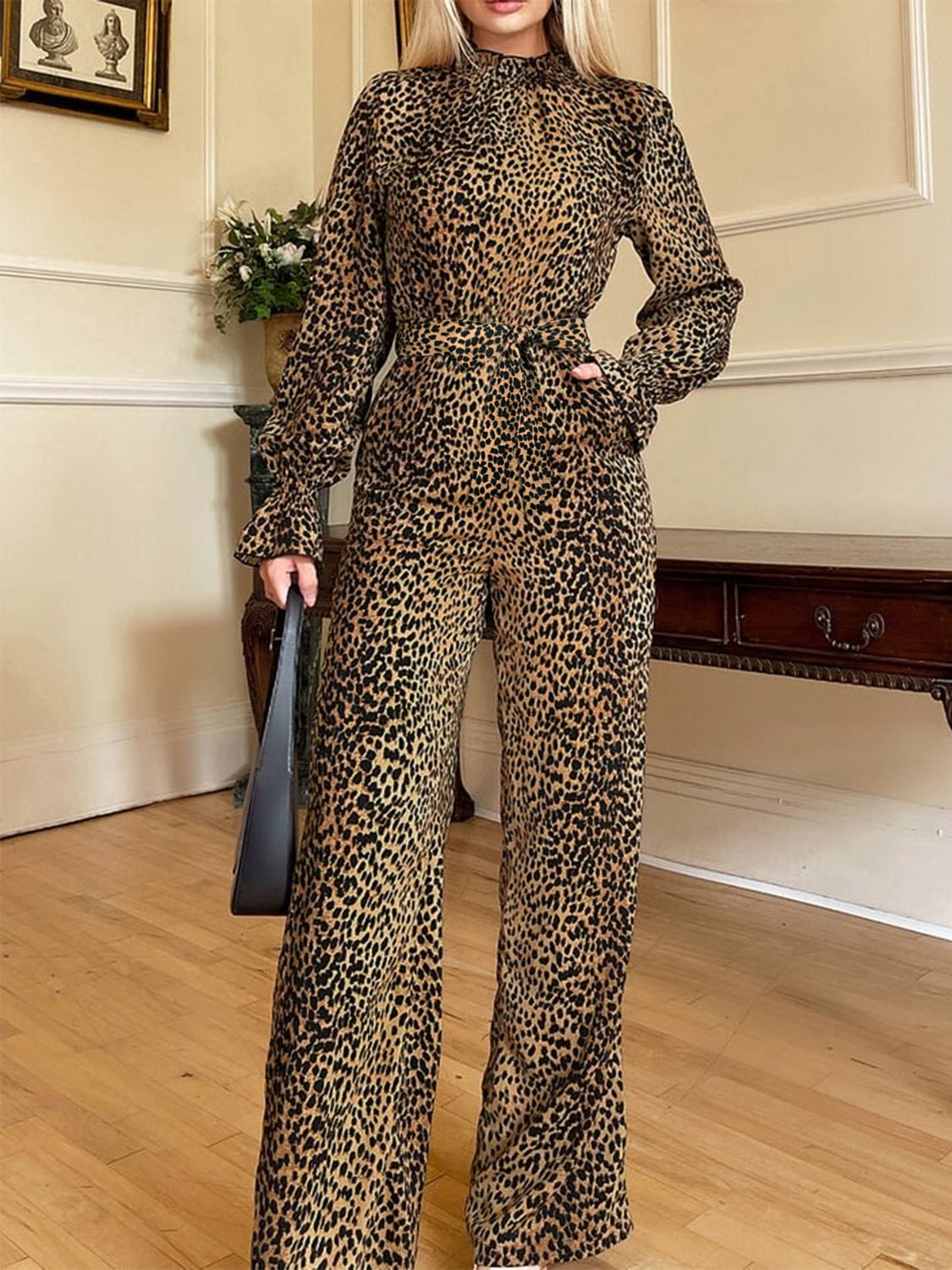 DS Designer 093-45 Leopard Flounce Sleeve Wide Leg Jumpsuit