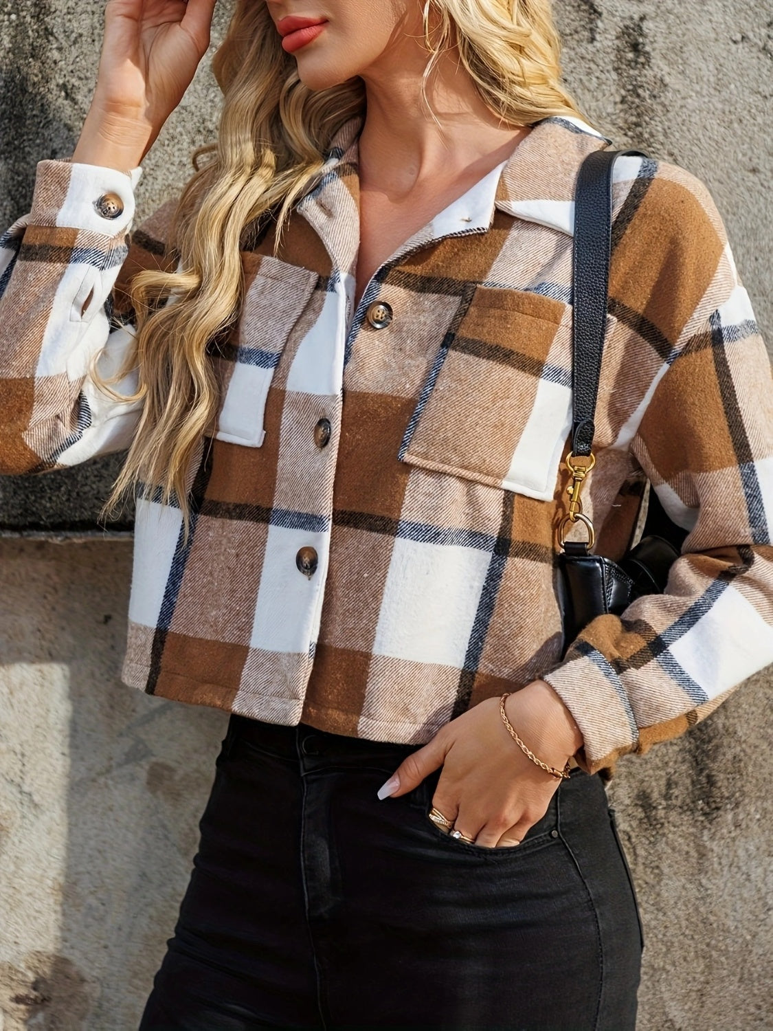 DS Designer 18-881 Plaid Collared Neck Cropped Jacket