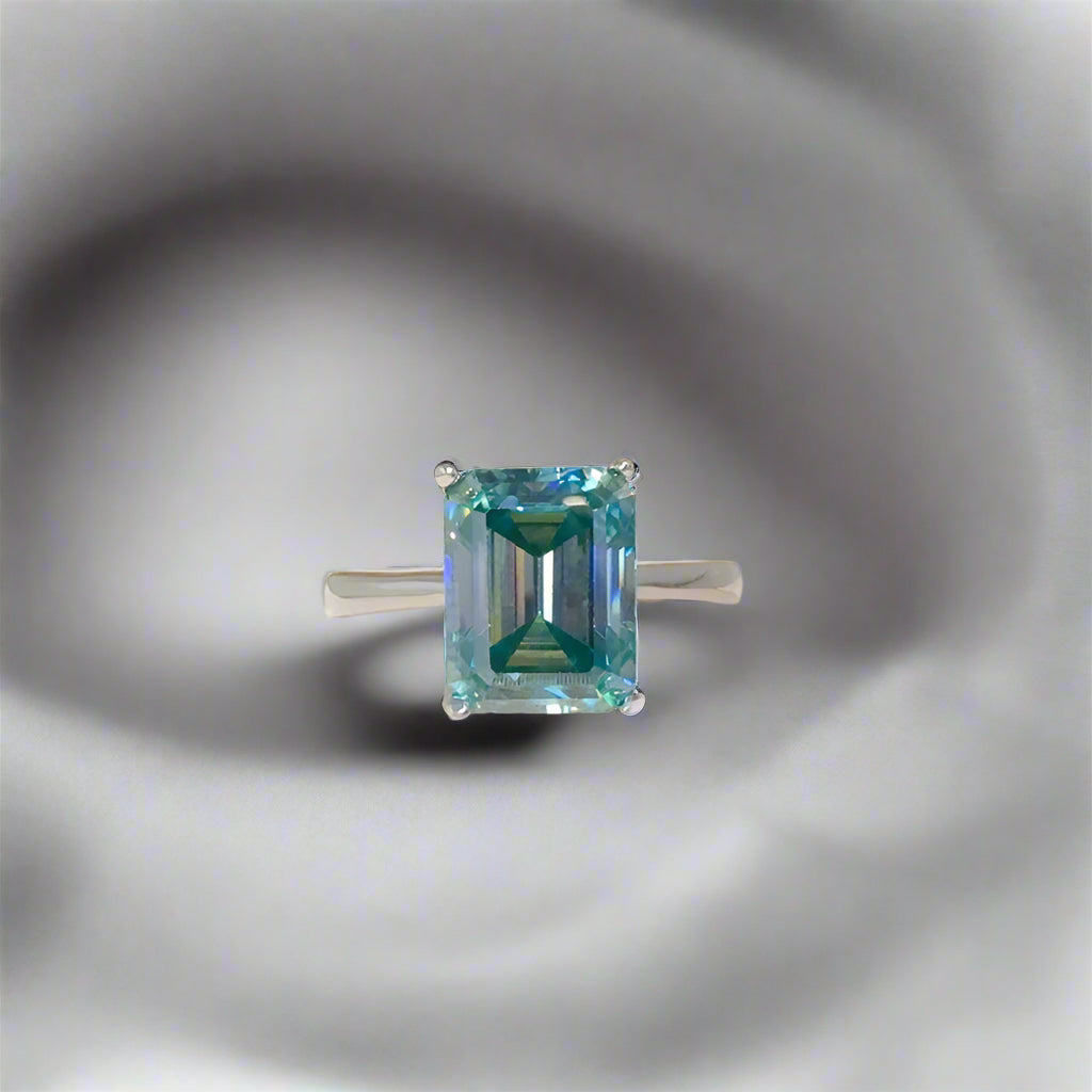 DCDI 2 Carat Aqua Rectangle Shape Moissanite 925 Sterling Silver Ring