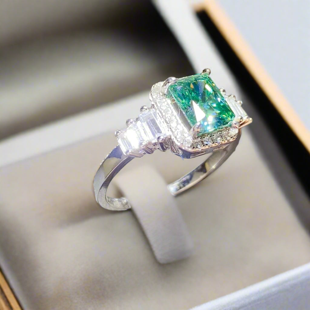 DCDI 2 Carat Green Moss Moissanite 925 Sterling Silver Ring