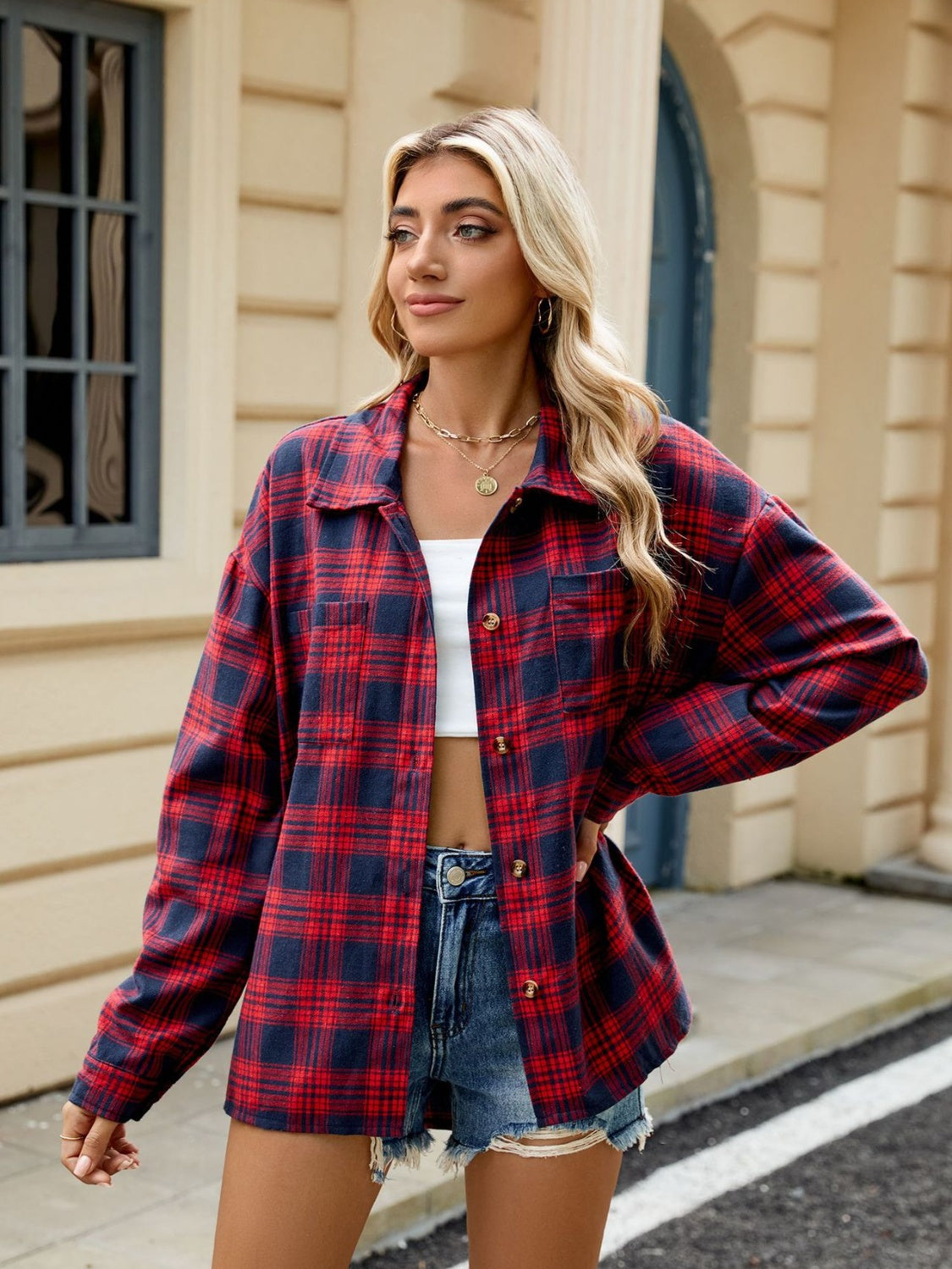 DS Designer 21-12 Plaid Collared Neck Long Sleeve Shirt