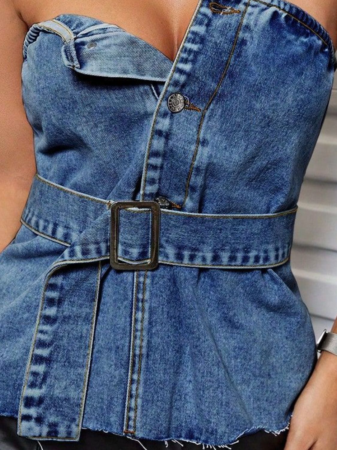 DS Premium Denim Luxury 118 Buttoned Raw Hem Tube Top