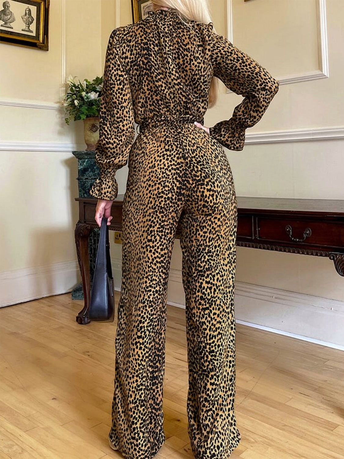 DS Designer 093-45 Leopard Flounce Sleeve Wide Leg Jumpsuit