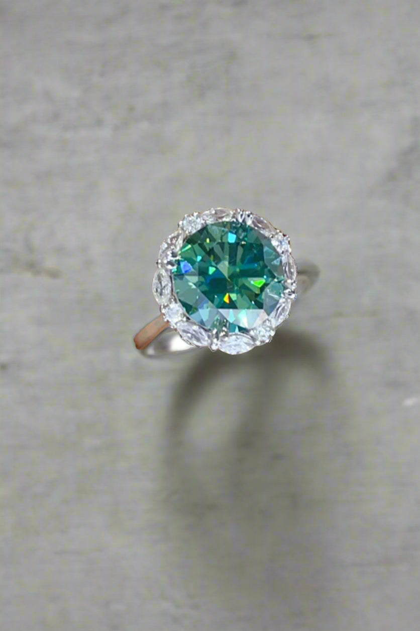 DCDI 5 Carat Emerald Green Round Cut Moissanite 925 Sterling Silver Ring