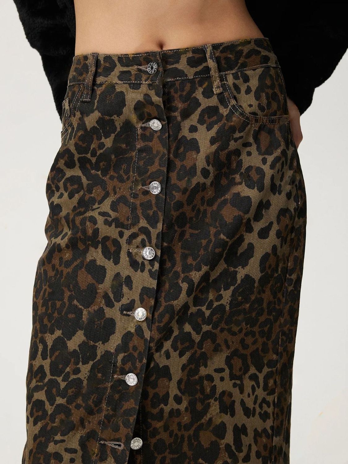 DS Premium Denim Luxury 79 Leopard Button Up Denim Skirt