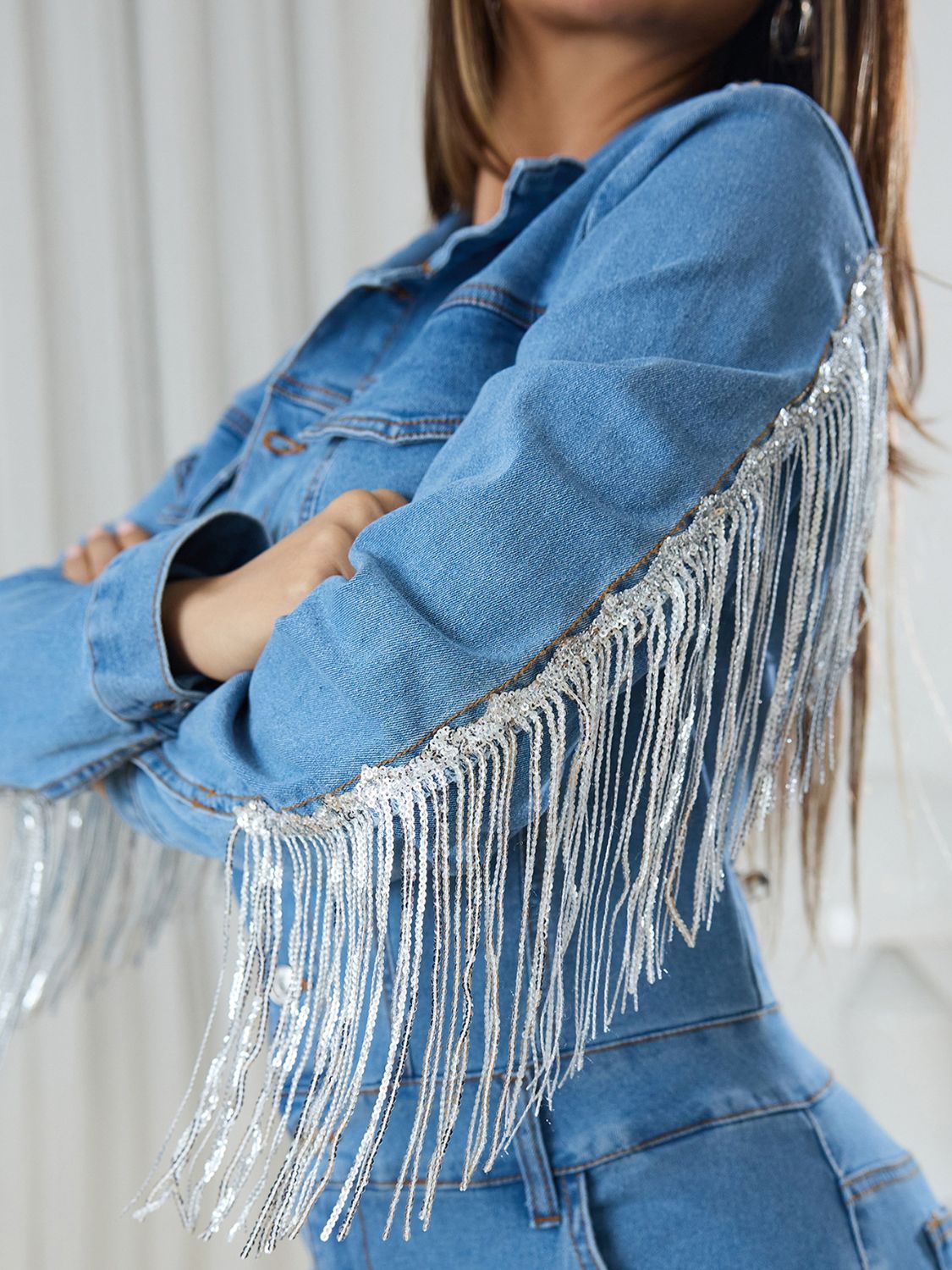 DS 2378-374363 Premium Denim Fringed Jumpsuit