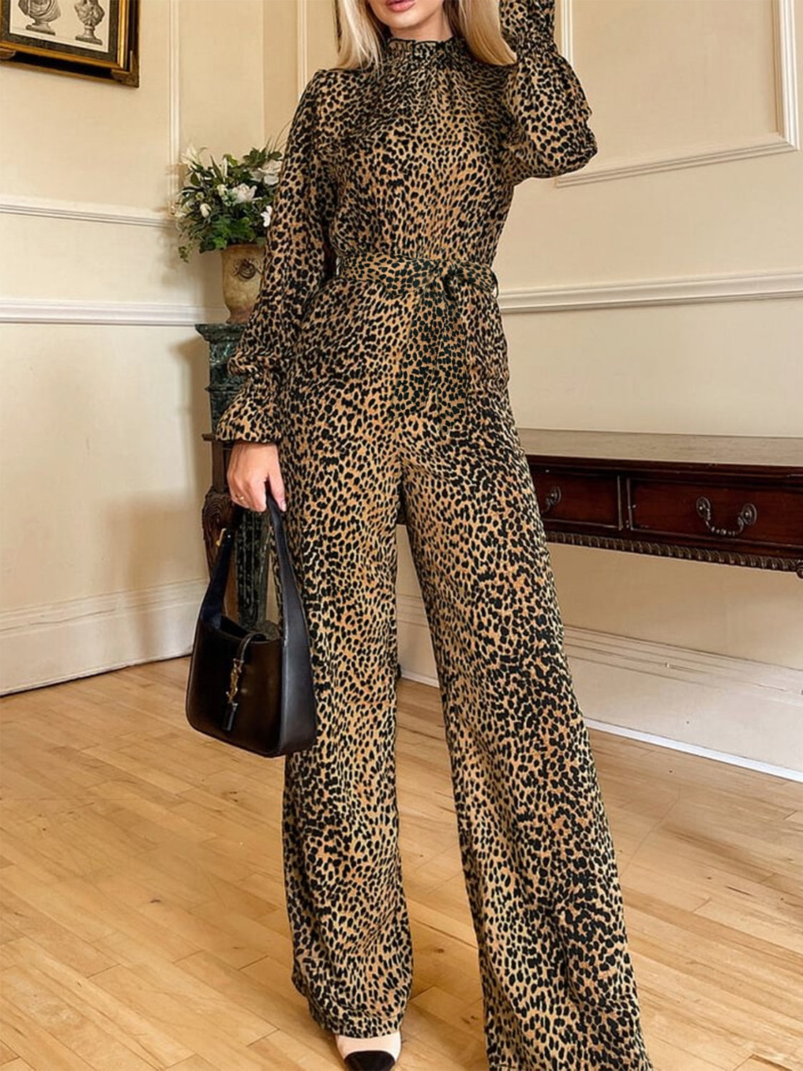 DS Designer 093-45 Leopard Flounce Sleeve Wide Leg Jumpsuit