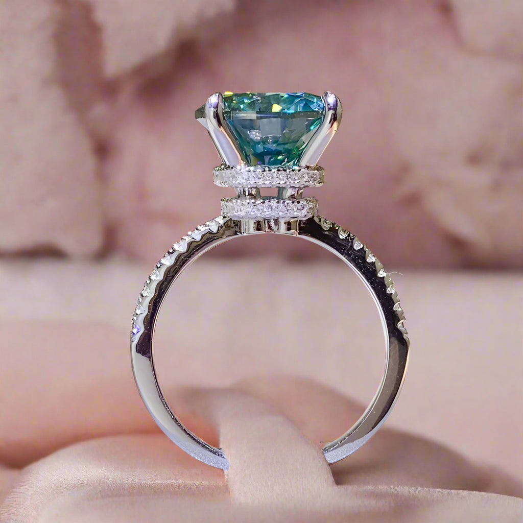DCDI 5 Carat Perfect Teal Moissanite Zircon 925 Sterling Silver Ring