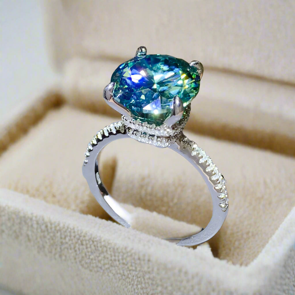 DCDI 5 Carat Perfect Teal Moissanite Zircon 925 Sterling Silver Ring