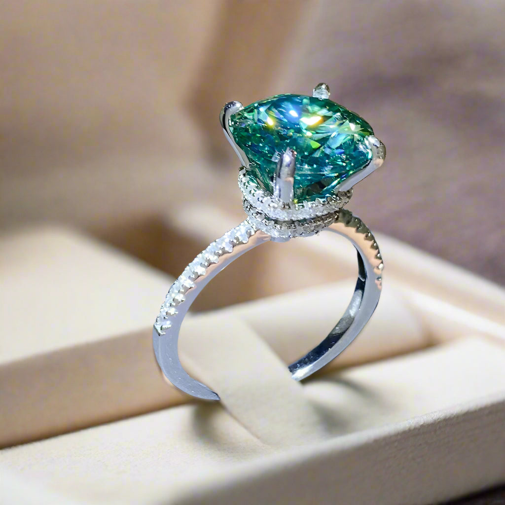 DCDI 5 Carat Perfect Teal Moissanite Zircon 925 Sterling Silver Ring