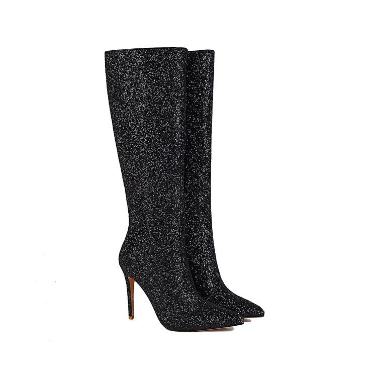 DCDI Glacier Luxury Glittered Pointed Toe Stiletto Knee High Boots