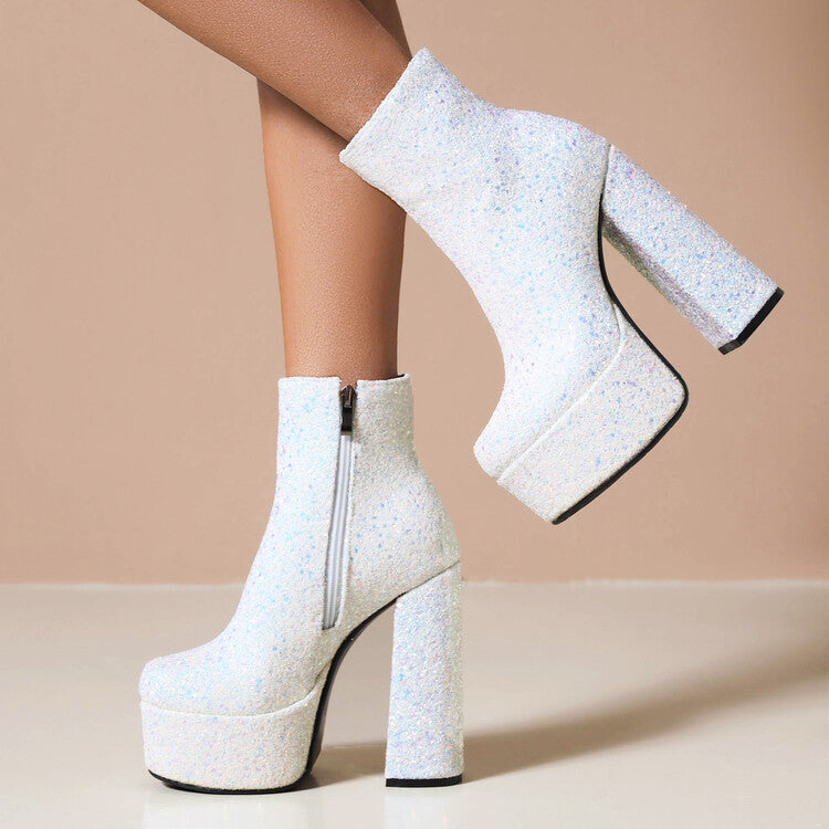 DCDI Sparkling Disco Chunky Hoof Heel Ankle Boots