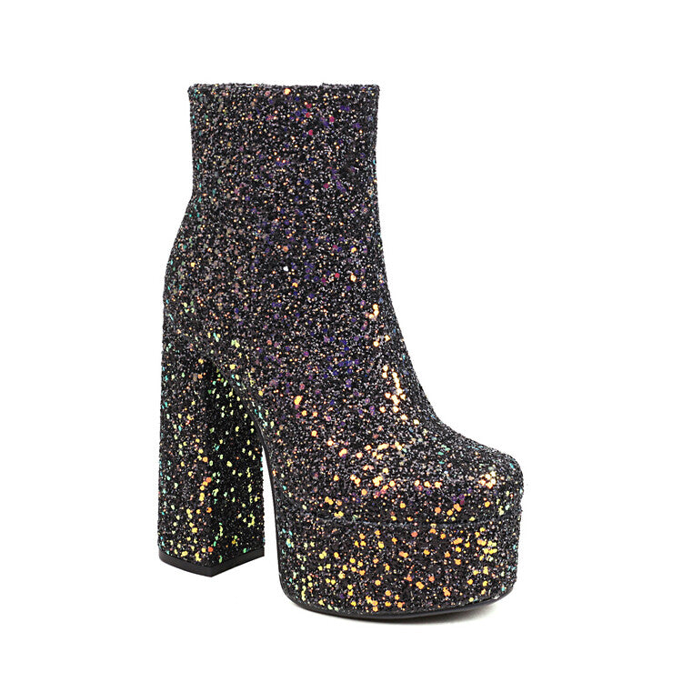 DCDI Sparkling Disco Chunky Hoof Heel Ankle Boots