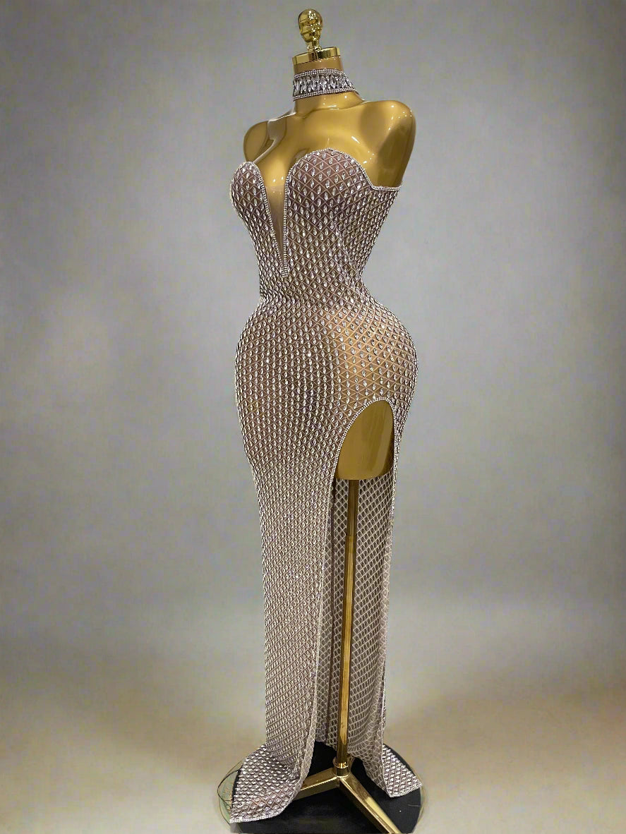 DCDI 888-2025 Luxurious Full Diamond Mesh Transparent Evening Gown