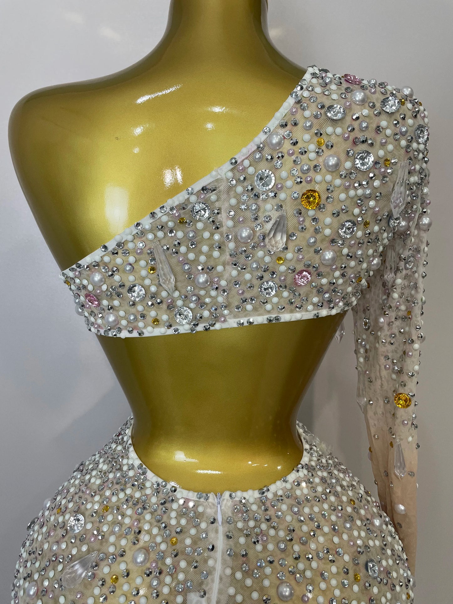 DCDI 4488-8844 Chandelier Diamond Studded Sexy One Shoulder Hollow Out Mesh Evening Gown