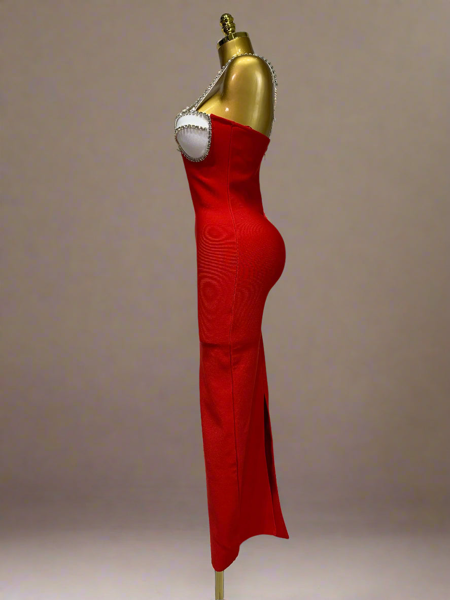 DCDI Cardinal 77-777 Diamond Embellished Red Bandage Evening Gown