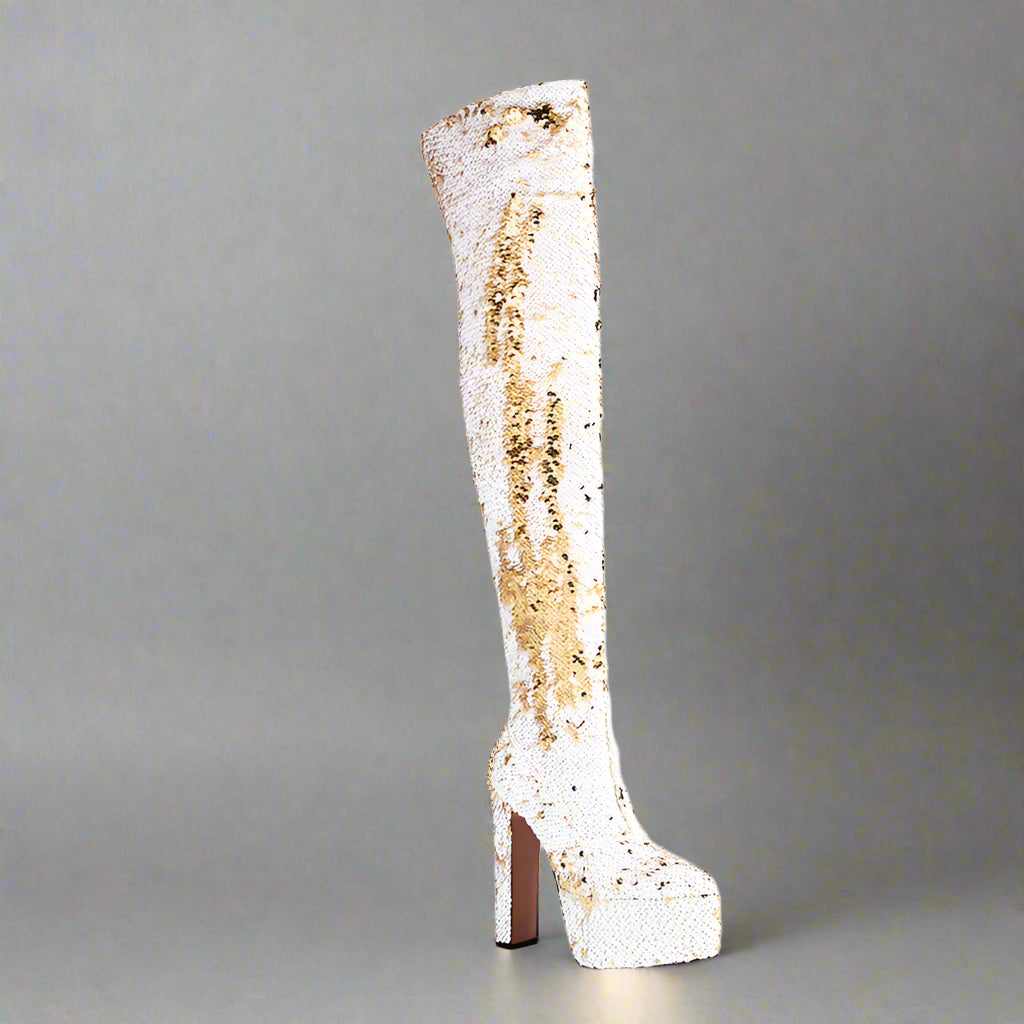 DCDI Shinyei Over The Knee Block Heel Sequined Boots