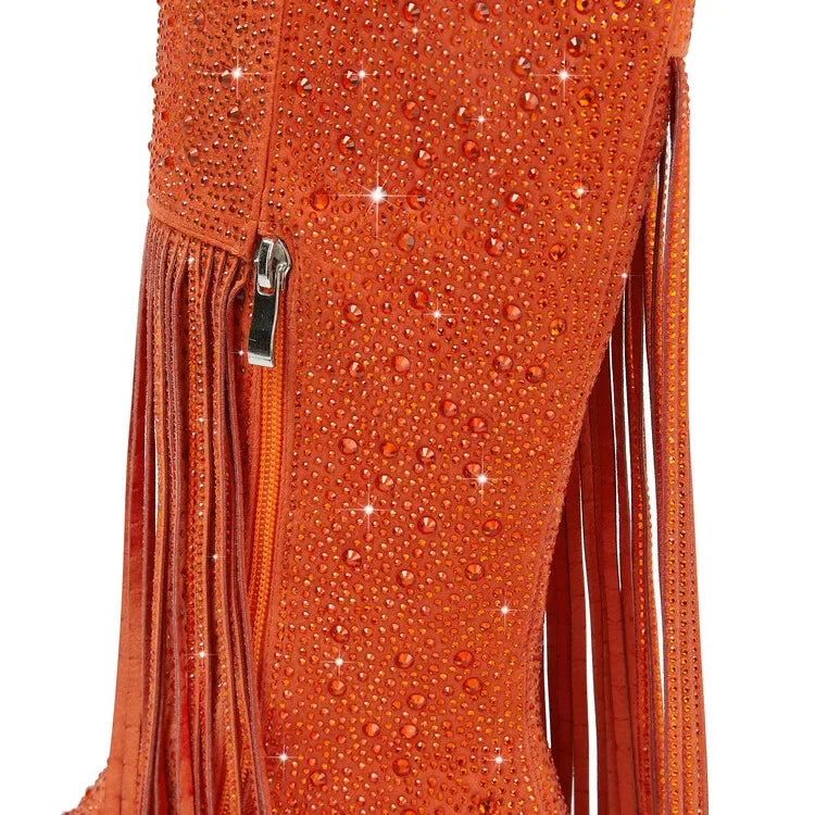 DCDI Pony Luxury Diamond Studded Knee High Fringed Boots
