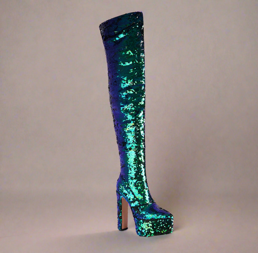 DCDI Shinyei Over The Knee Block Heel Sequined Boots