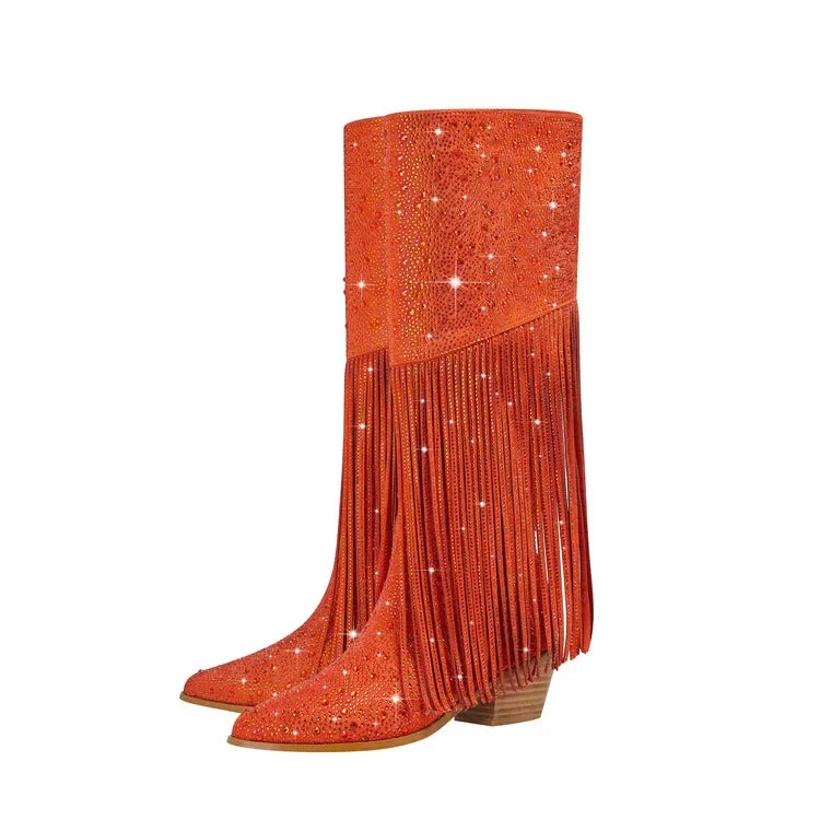 DCDI Pony Luxury Diamond Studded Knee High Fringed Boots