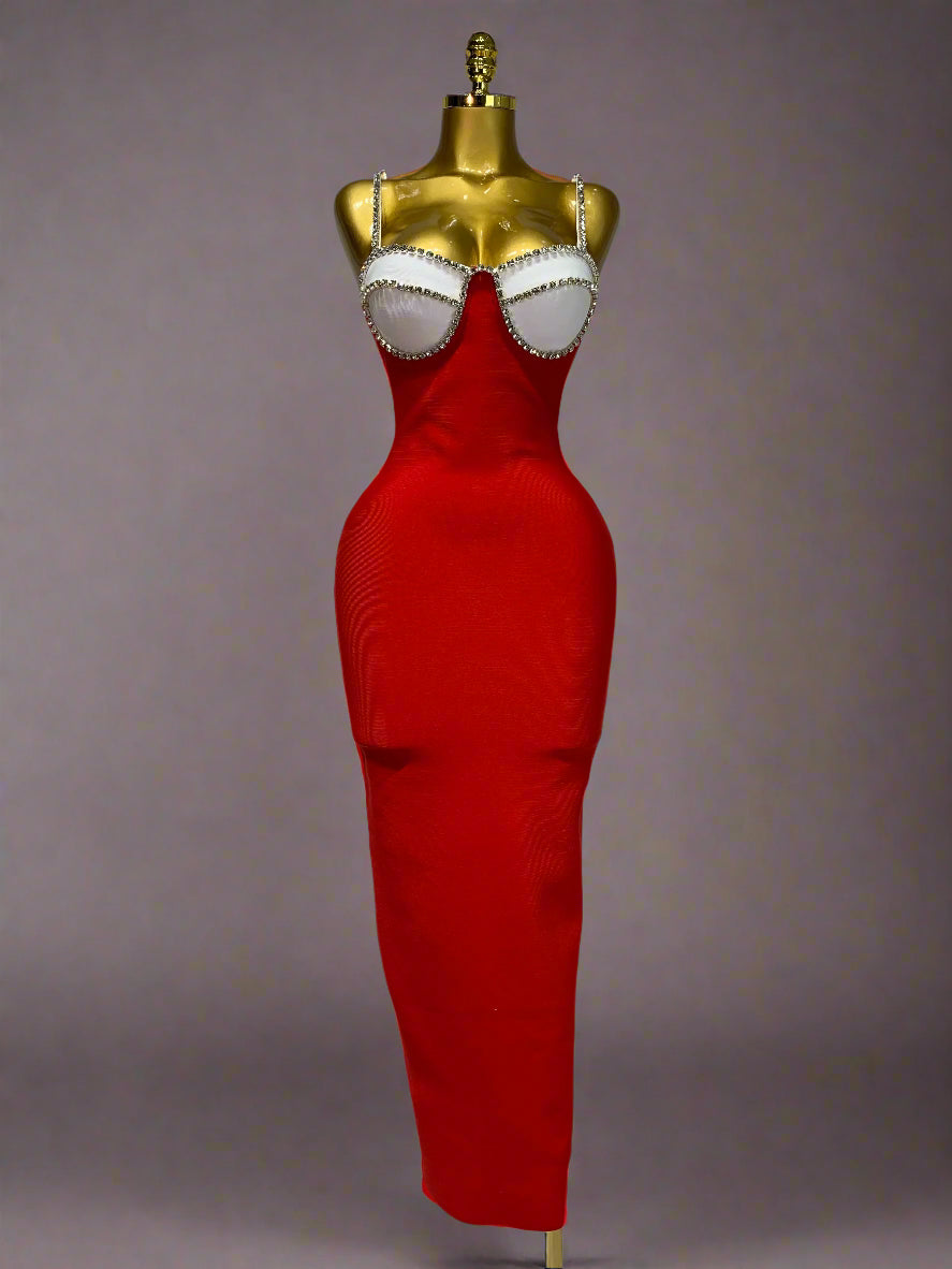 DCDI Cardinal 77-777 Diamond Embellished Red Bandage Evening Gown