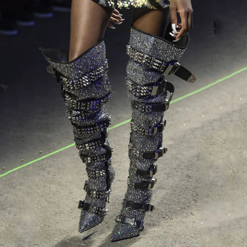 DCDI Buckled Up Spiked And Diamond Studded Thigh High Stiletto Boots