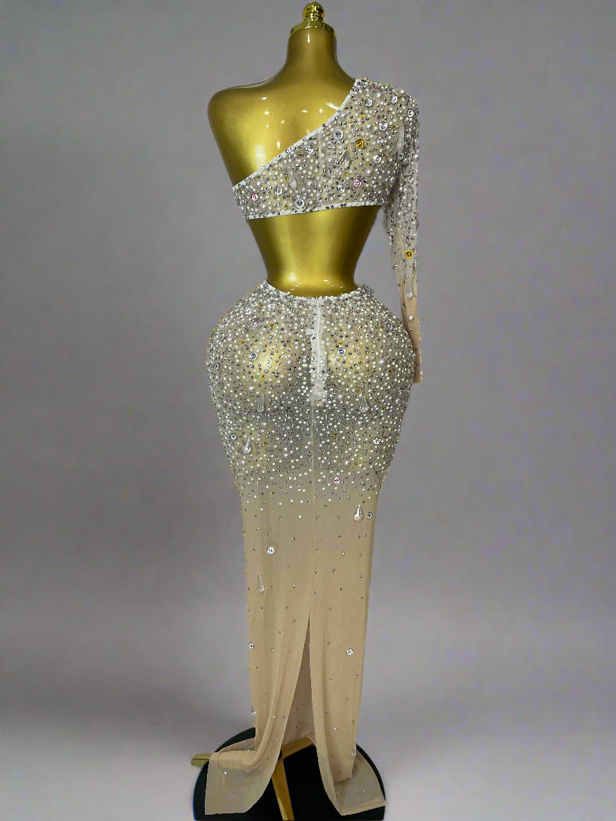DCDI 4488-8844 Chandelier Diamond Studded Sexy One Shoulder Hollow Out Mesh Evening Gown