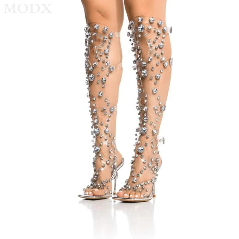 DCDI Catwalk Luxury Transparent Diamond Studded Peep Toe Knee High Stiletto Boots