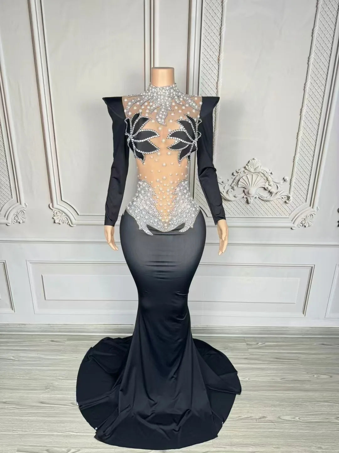 DCDI Magnolias Sparkly Rhinestones Pearls Floor Length Evening Gown