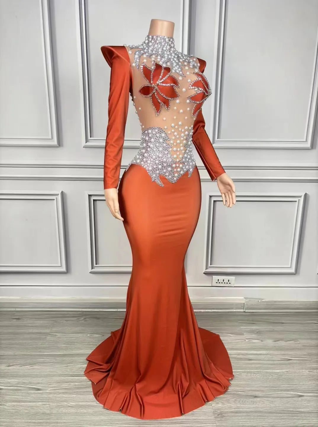 DCDI Magnolias Sparkly Rhinestones Pearls Floor Length Evening Gown