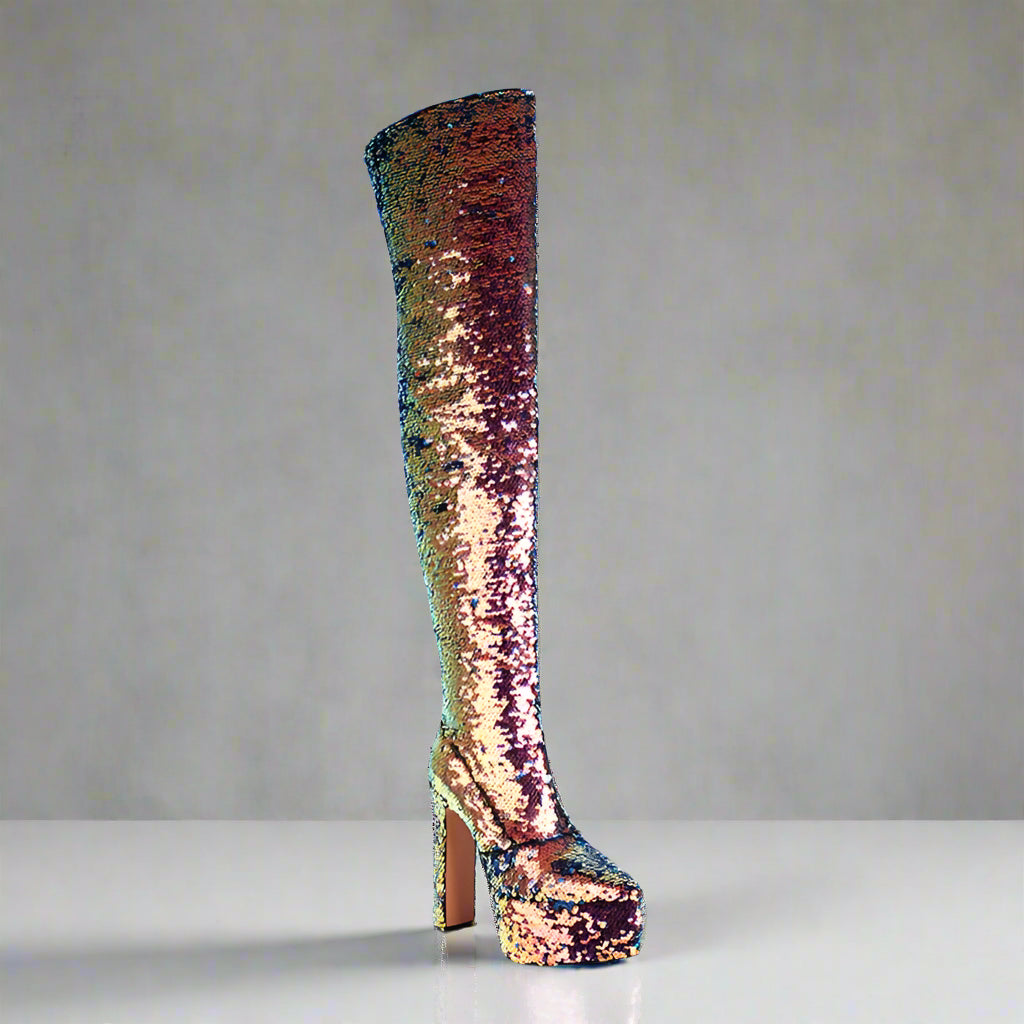 DCDI Shinyei Over The Knee Block Heel Sequined Boots