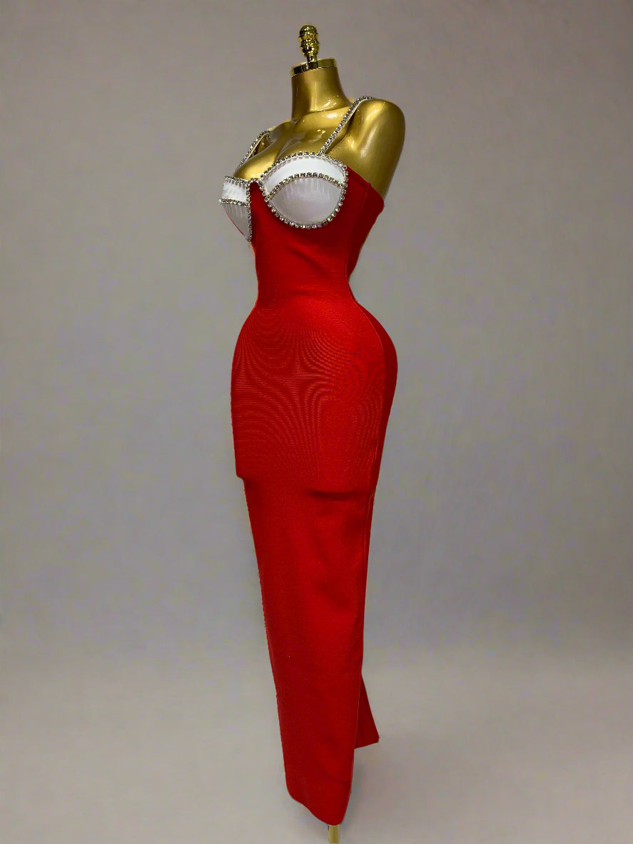 DCDI Cardinal 77-777 Diamond Embellished Red Bandage Evening Gown