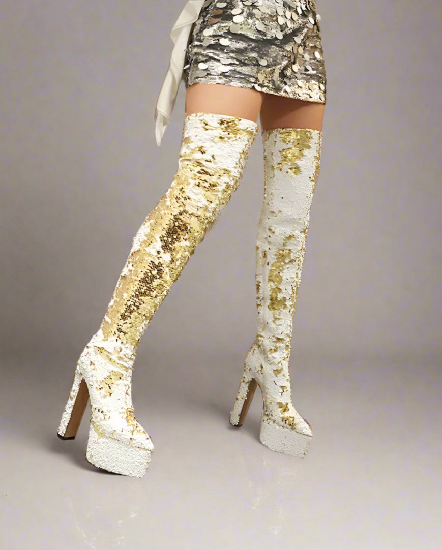 DCDI Shinyei Over The Knee Block Heel Sequined Boots