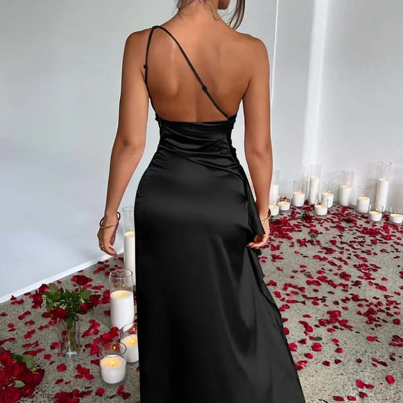 DS Designer Perfect Black Dress- Sexy One Shoulder High Split Evening Gown