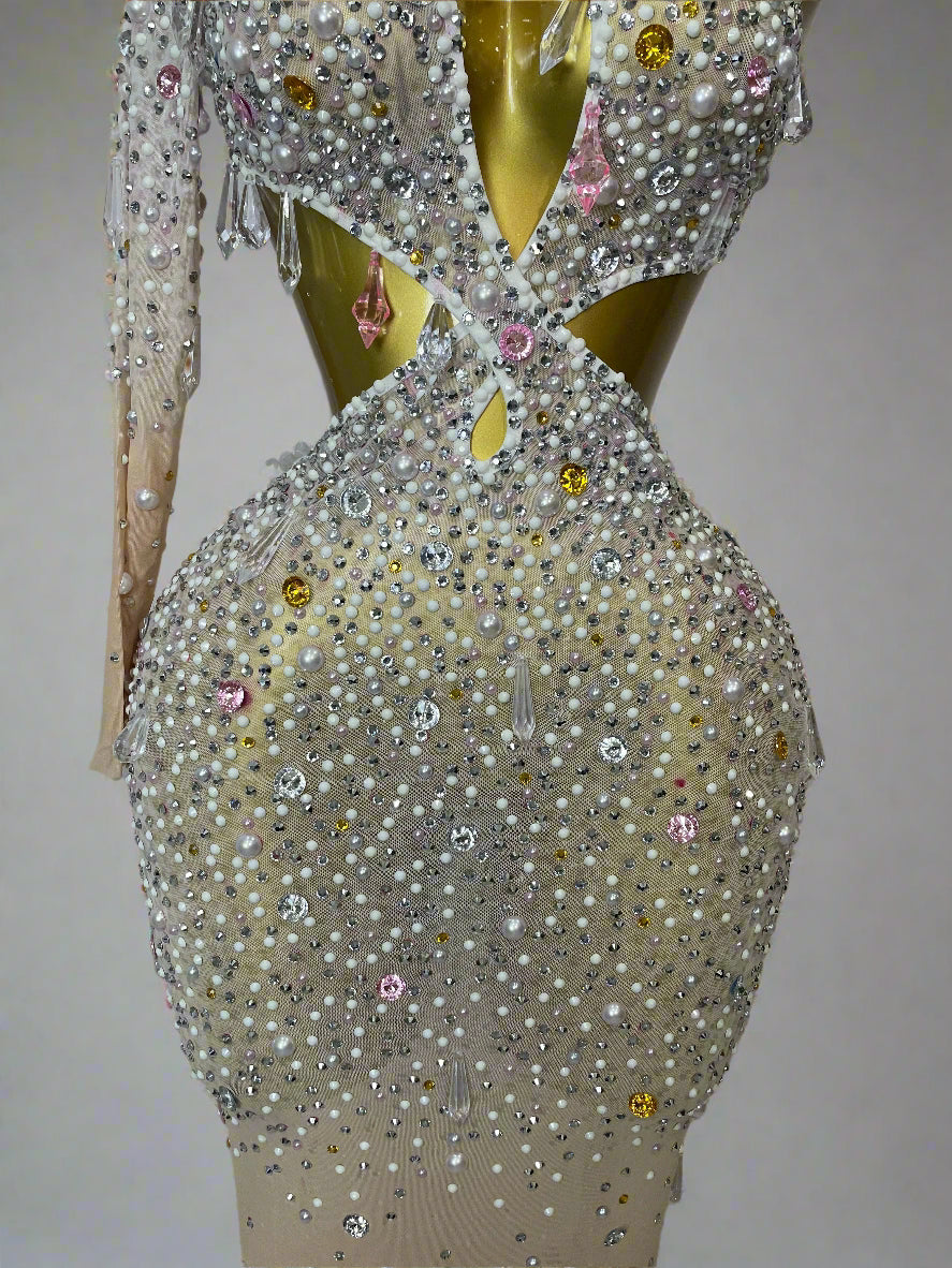 DCDI 4488-8844 Chandelier Diamond Studded Sexy One Shoulder Hollow Out Mesh Evening Gown