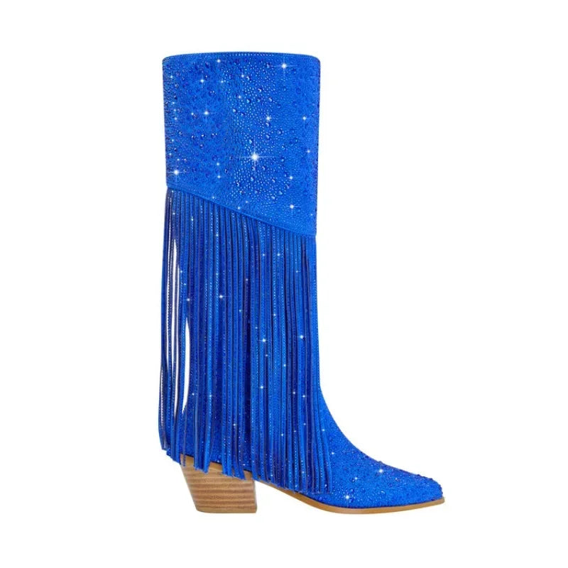 DCDI Pony Luxury Diamond Studded Knee High Fringed Boots