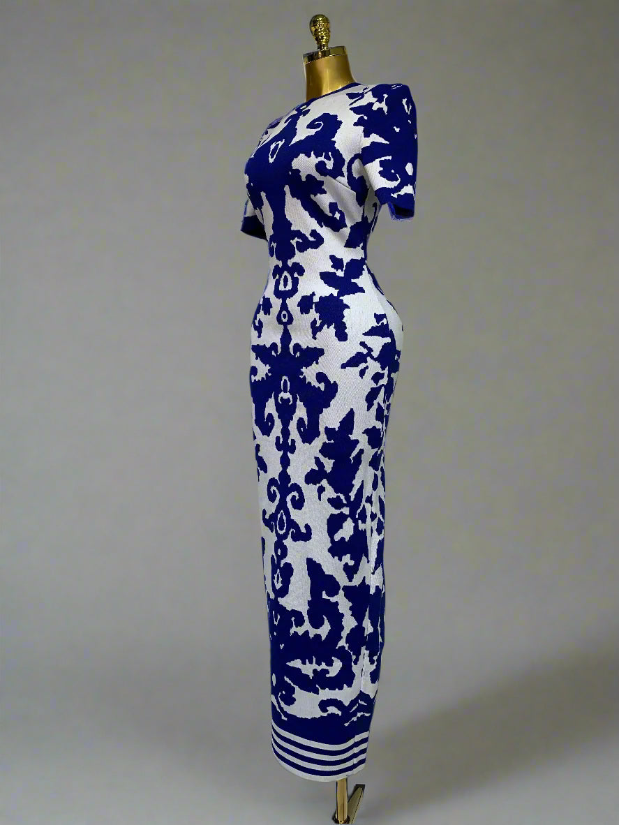 DS Designer 22-444 Blue Jacquard Evening Gown