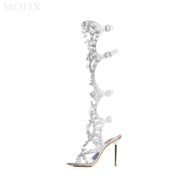DCDI Catwalk Luxury Transparent Diamond Studded Peep Toe Knee High Stiletto Boots