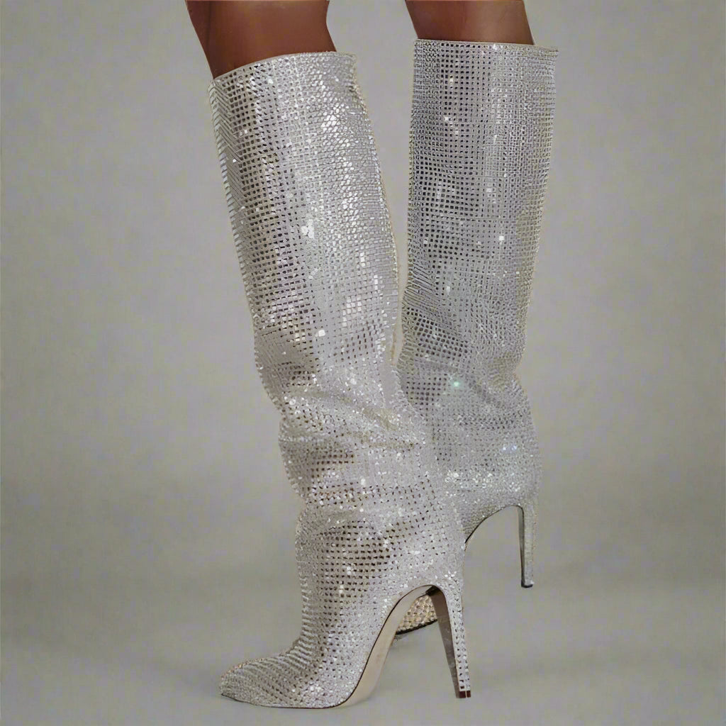 DCDI Crushed Diamonds Studded Knee High Stiletto Boots
